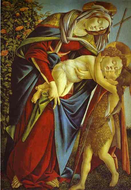 WikiOO.org – 美術百科全書 - 繪畫，作品 Sandro Botticelli - 麦当娜和孩子  和 年轻 圣 .  约翰  的  浸礼者