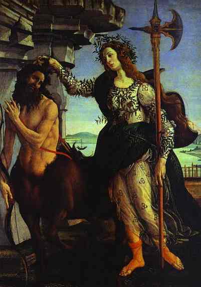 Wikioo.org – L'Enciclopedia delle Belle Arti - Pittura, Opere di Sandro Botticelli - Pallade . camilla e il centauro