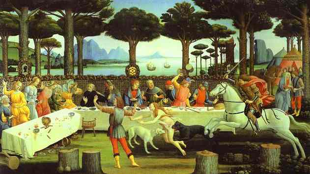 Wikioo.org - The Encyclopedia of Fine Arts - Painting, Artwork by Sandro Botticelli - The Banquet in the Pine Forest