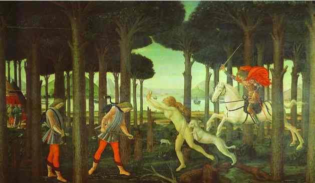 Wikioo.org - The Encyclopedia of Fine Arts - Painting, Artwork by Sandro Botticelli - The Encounter with the Damned in the Pine Forest