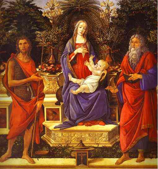 WikiOO.org – 美術百科全書 - 繪畫，作品 Sandro Botticelli - 圣母子登基之间的圣施洗约翰和圣约翰evangelis