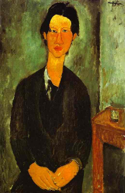 Wikioo.org – L'Enciclopedia delle Belle Arti - Pittura, Opere di Amedeo Modigliani - Ritratto di Chaim Soutine seduto a un tavolo