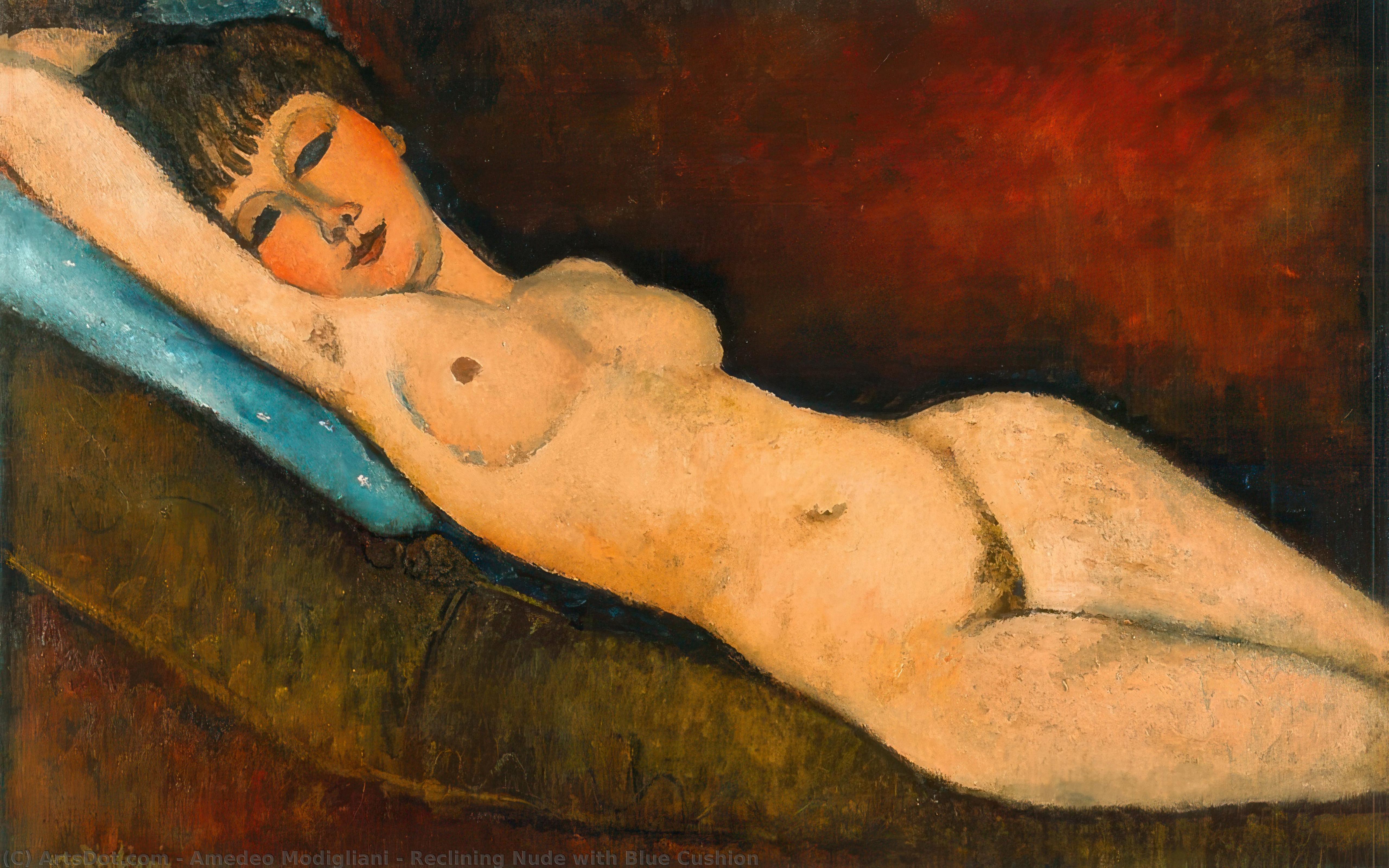 Wikoo.org - موسوعة الفنون الجميلة - اللوحة، العمل الفني Amedeo Modigliani - Reclining Nude with Blue Cushion