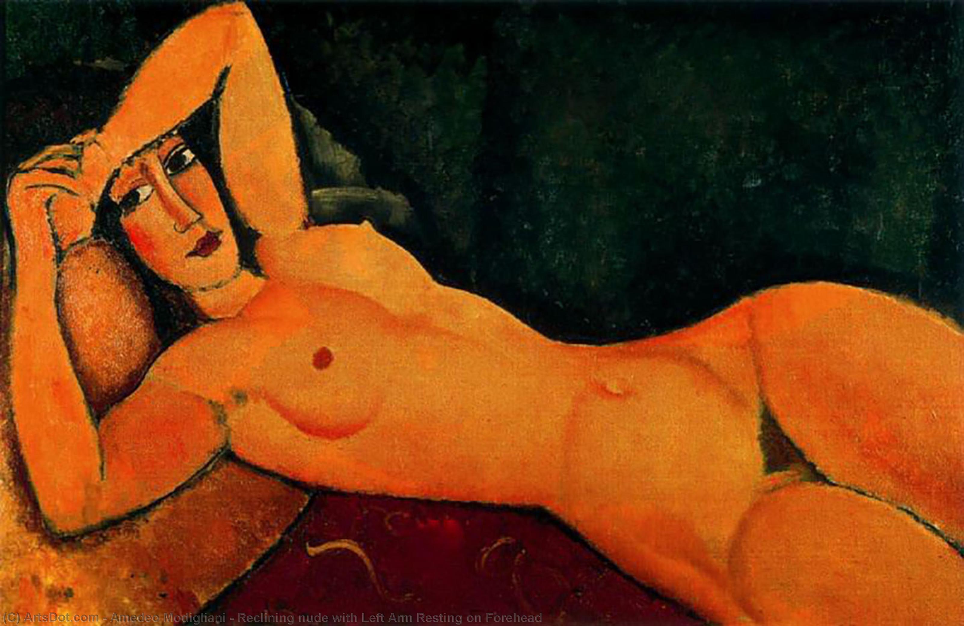 Wikioo.org - The Encyclopedia of Fine Arts - Painting, Artwork by Amedeo Modigliani - Reclining nude with Left Arm Resting on Forehead