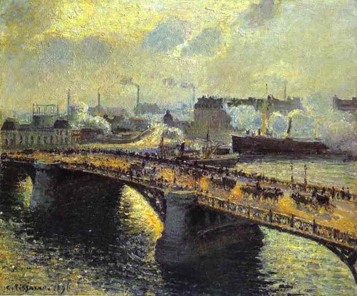 Wikioo.org - The Encyclopedia of Fine Arts - Painting, Artwork by Camille Pissarro - The Boieldiieu Bridge at Rouen, Setting Sun, Foggy Weather