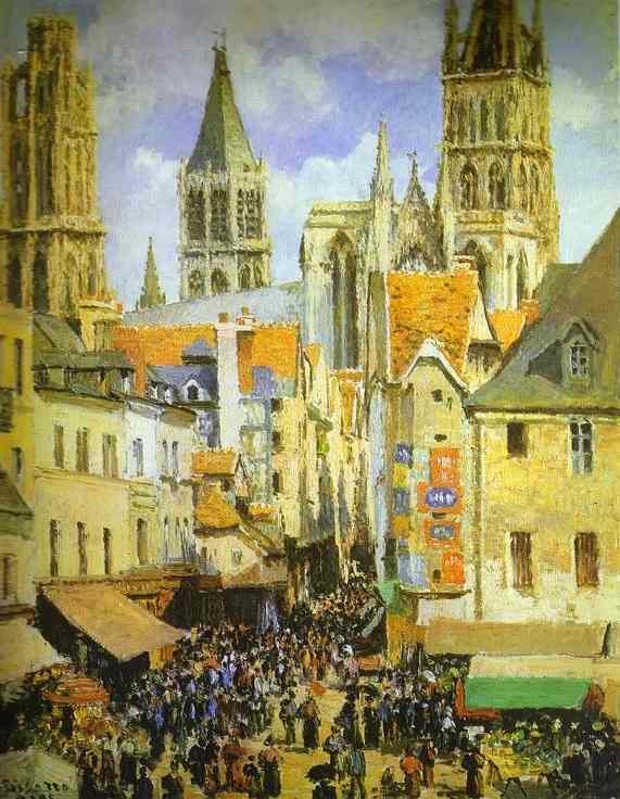 Wikioo.org - The Encyclopedia of Fine Arts - Painting, Artwork by Camille Pissarro - The Old Market-Place in Rouen and the Rue de l'Epicerie