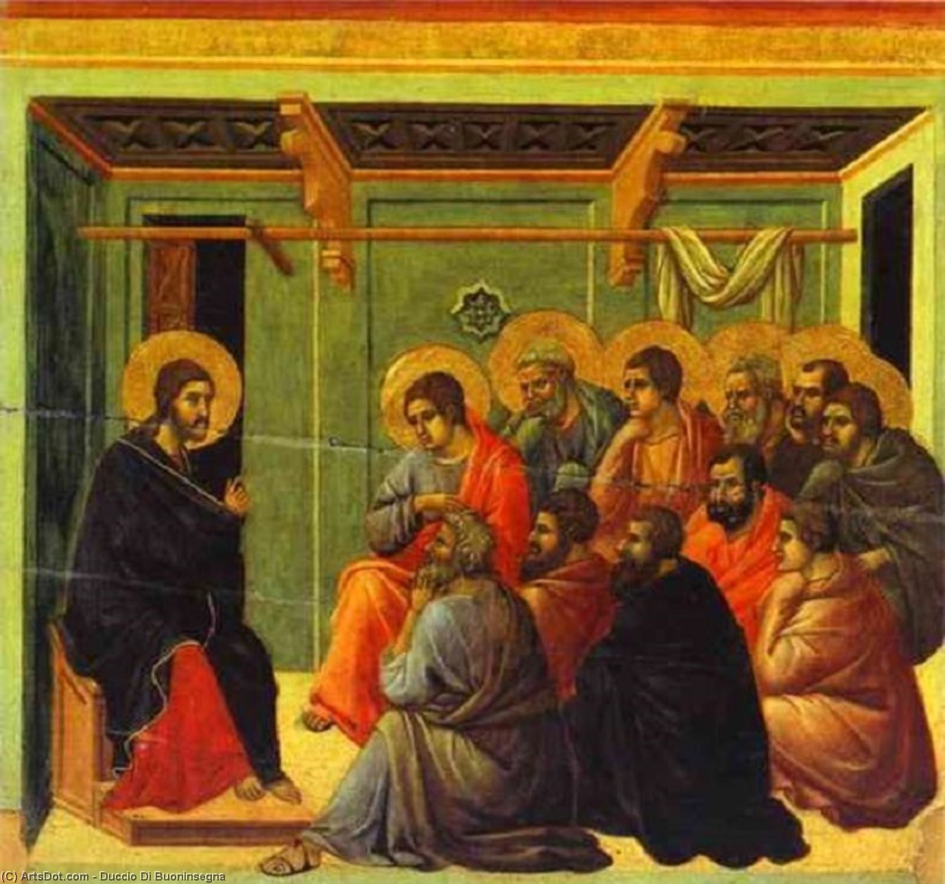 Wikioo.org - The Encyclopedia of Fine Arts - Painting, Artwork by Duccio Di Buoninsegna - MaestÓ (back, central panel), Christ Taking Leave of His Apostles