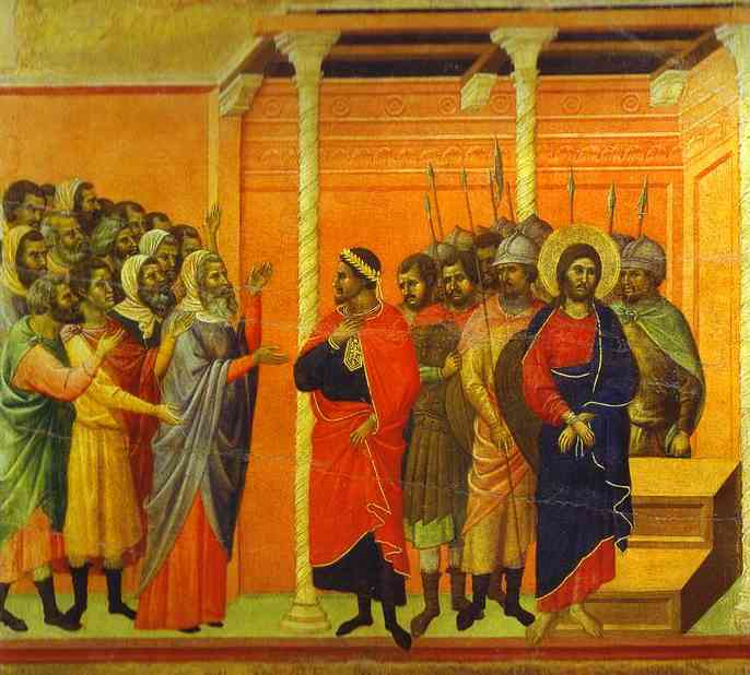 Wikioo.org – L'Enciclopedia delle Belle Arti - Pittura, Opere di Duccio Di Buoninsegna - maesto ( schiena , pannello centrale ) , gesù accusato dai farisei