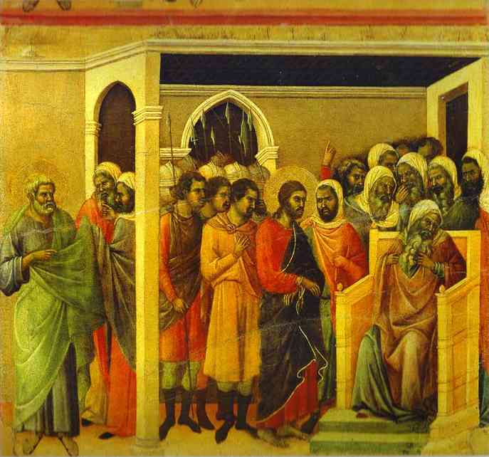 Wikioo.org - The Encyclopedia of Fine Arts - Painting, Artwork by Duccio Di Buoninsegna - MaestÓ (back, central panel), Jesus Before Caiaphas