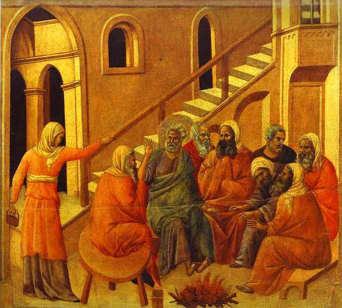 Wikioo.org - The Encyclopedia of Fine Arts - Painting, Artwork by Duccio Di Buoninsegna - MaestÓ (back, central panel), St. Peter First Denying Jesus