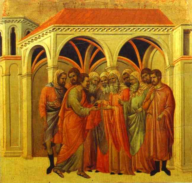 Wikioo.org - The Encyclopedia of Fine Arts - Painting, Artwork by Duccio Di Buoninsegna - MaestÓ (back, central panel), The Betrayal by Judas