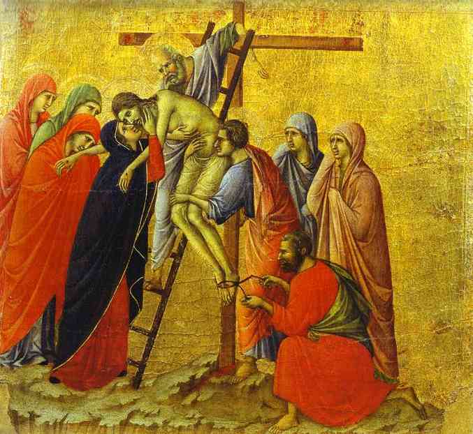 Wikioo.org - The Encyclopedia of Fine Arts - Painting, Artwork by Duccio Di Buoninsegna - MaestÓ (back, central panel), The Deposition