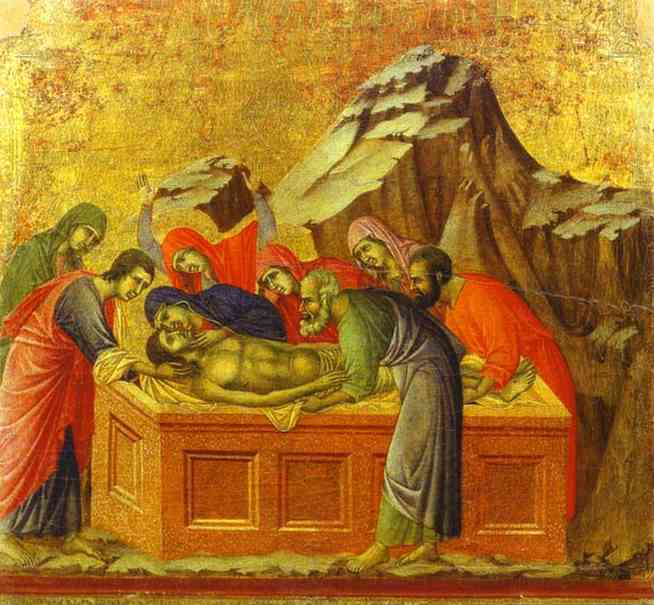 Wikioo.org - The Encyclopedia of Fine Arts - Painting, Artwork by Duccio Di Buoninsegna - MaestÓ (back, central panel), The Entombment