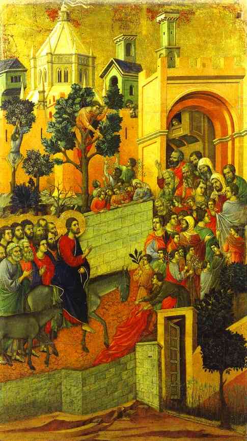 Wikioo.org - The Encyclopedia of Fine Arts - Painting, Artwork by Duccio Di Buoninsegna - MaestÓ (back, central panel), The Entry into Jerusalem