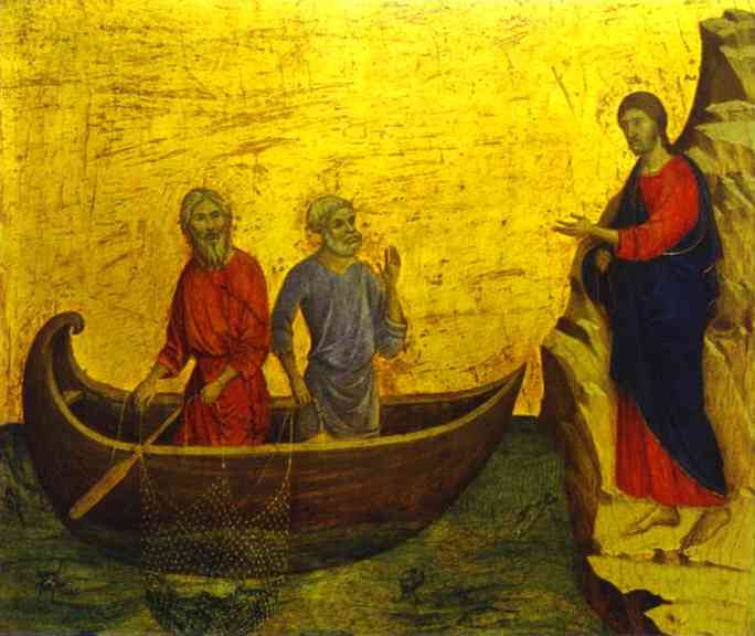Wikioo.org - สารานุกรมวิจิตรศิลป์ - จิตรกรรม Duccio Di Buoninsegna - MaestÓ (back, predella), The Calling of St. Peter and St. Andrew