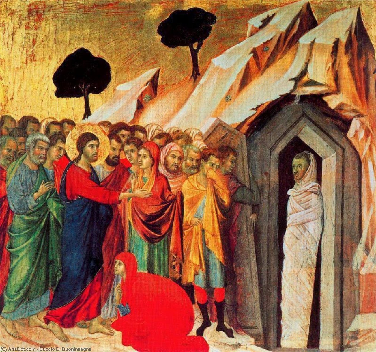 Wikioo.org - Bách khoa toàn thư về mỹ thuật - Vẽ tranh, Tác phẩm nghệ thuật Duccio Di Buoninsegna - MaestÓ (back, predella), The Raising of Lazarus