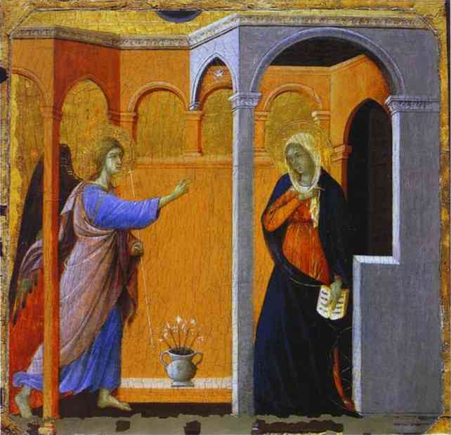 Wikioo.org - Bách khoa toàn thư về mỹ thuật - Vẽ tranh, Tác phẩm nghệ thuật Duccio Di Buoninsegna - MaestÓ (front, predella), The Annunciation