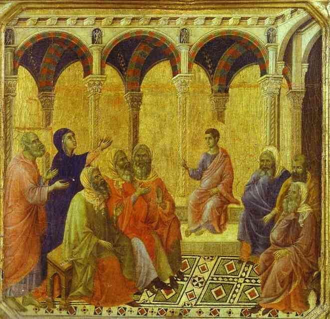Wikioo.org - The Encyclopedia of Fine Arts - Painting, Artwork by Duccio Di Buoninsegna - MaestÓ (front, predella, detail of), Christ Disputing with the Scribes