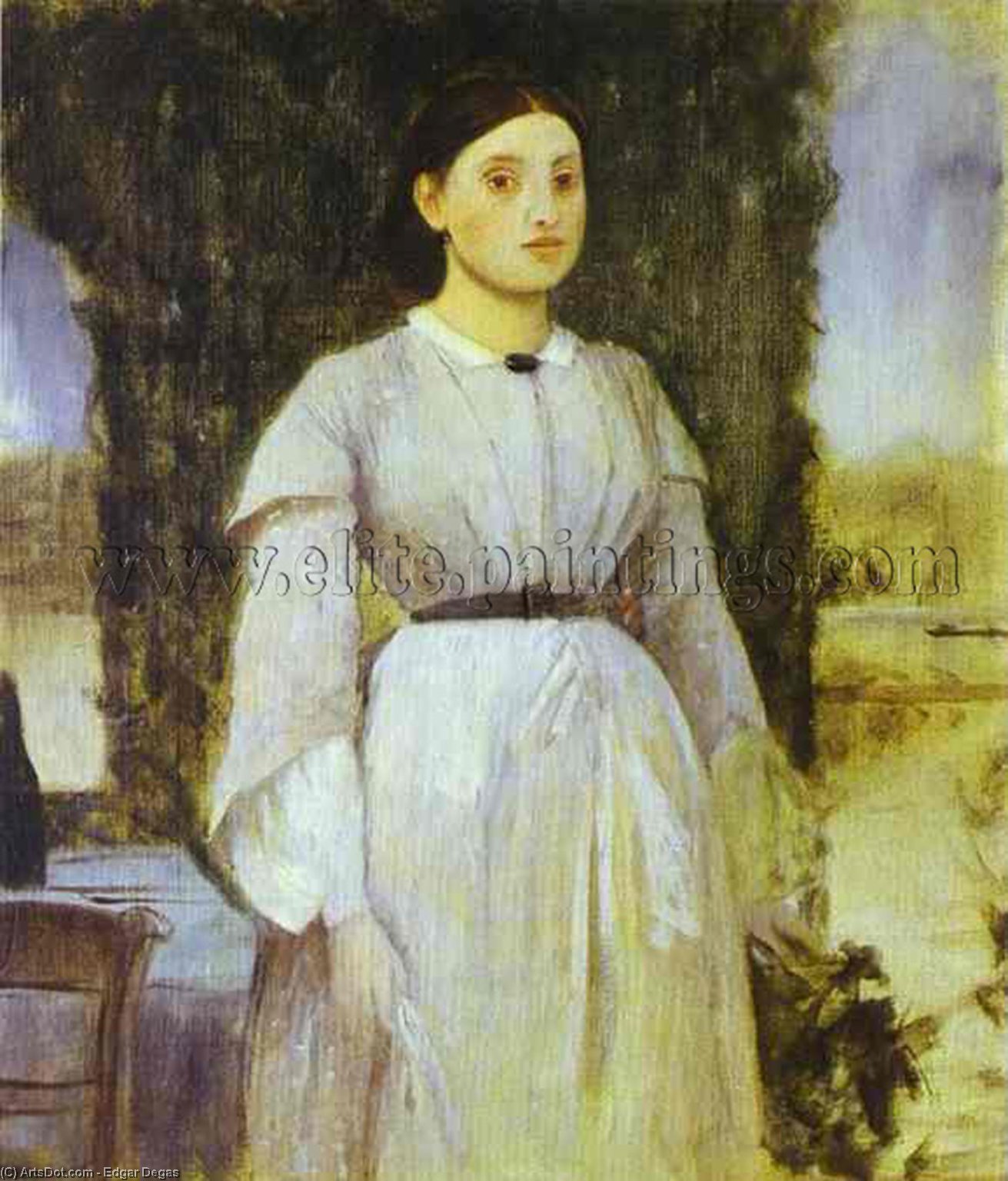 Wikioo.org – La Enciclopedia de las Bellas Artes - Pintura, Obras de arte de Edgar Degas - mujer joven de pie junto a una mesa