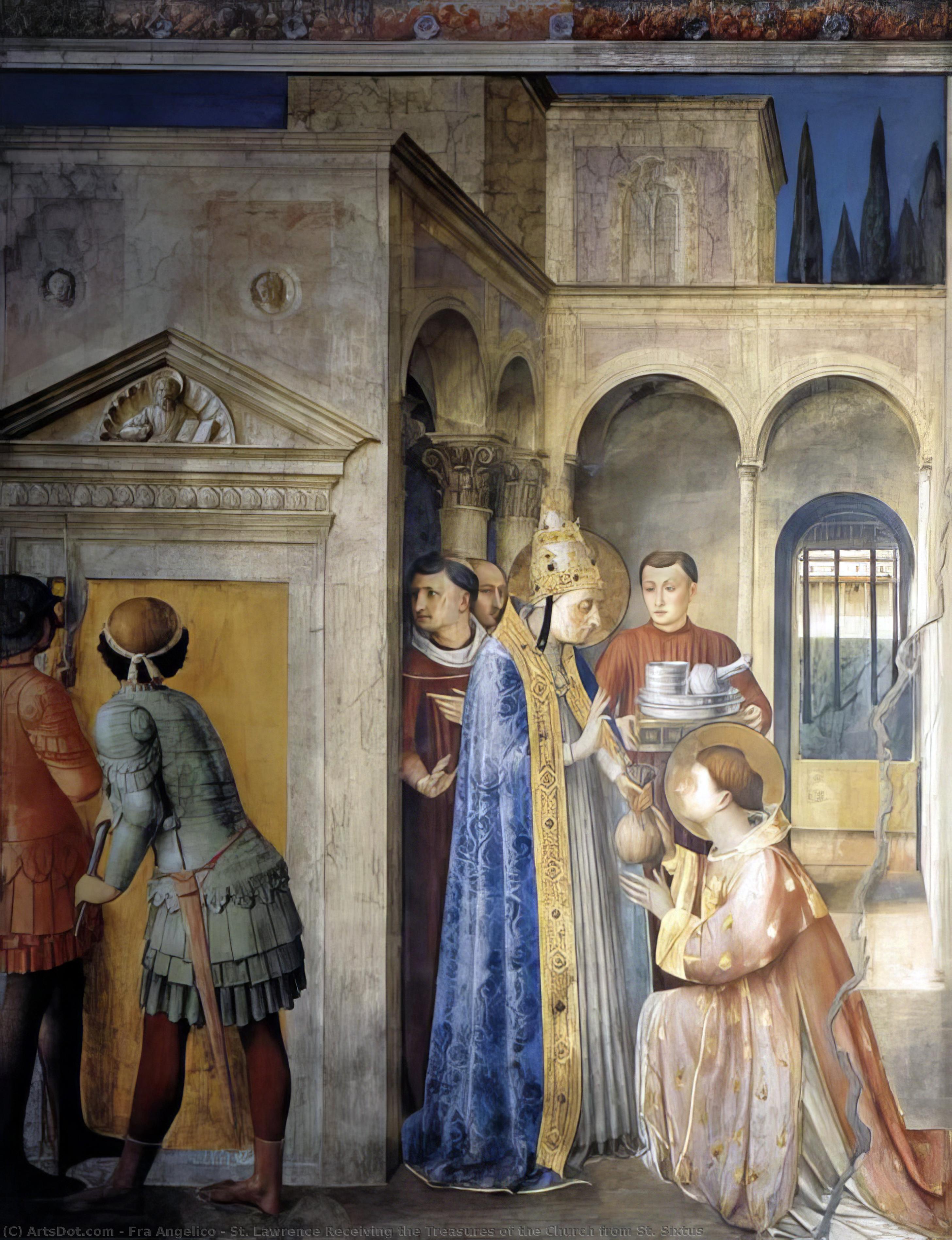 Wikioo.org - The Encyclopedia of Fine Arts - Painting, Artwork by Fra Angelico - St. Lawrence Receiving the Treasures of the Church from St. Sixtus