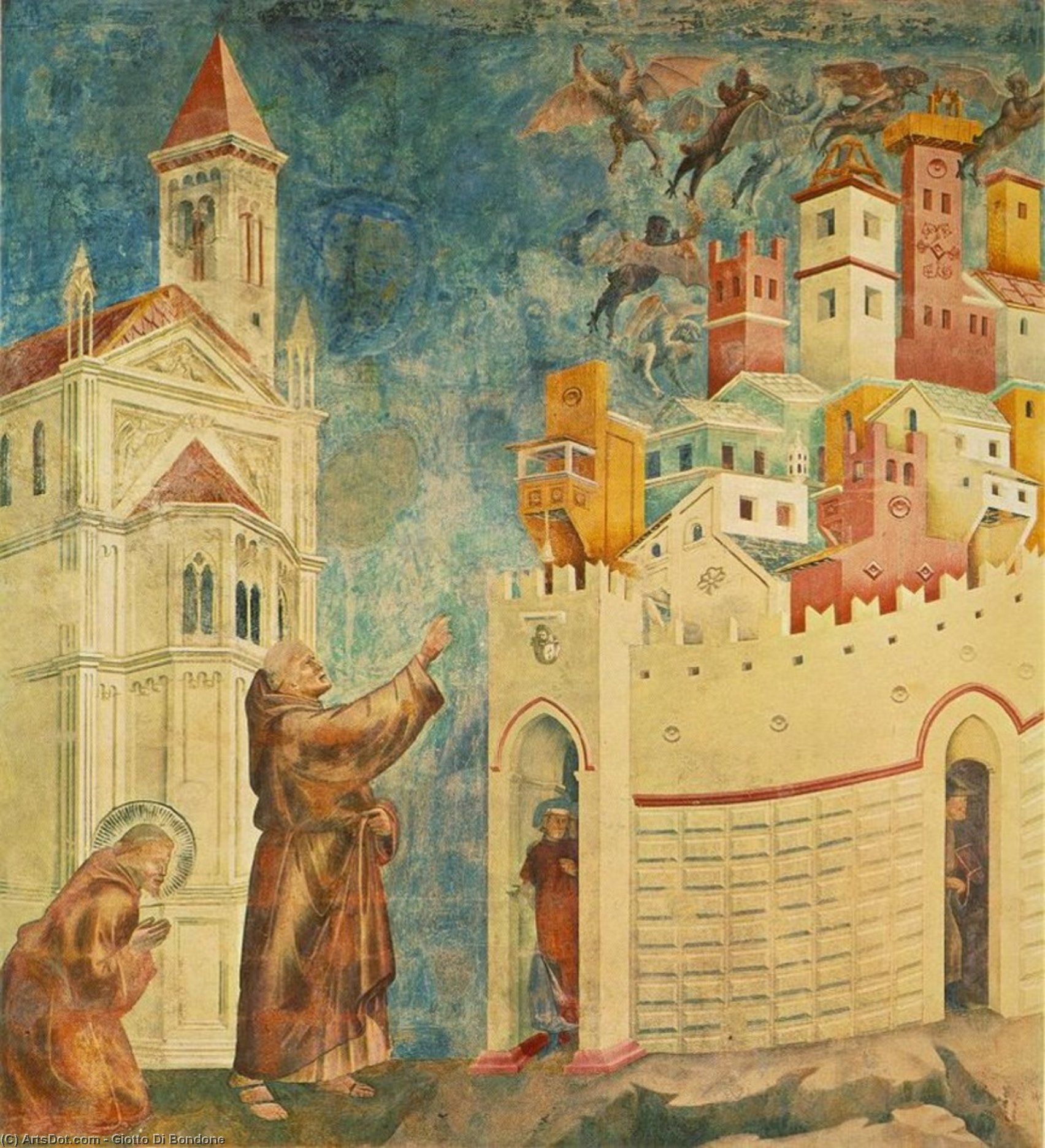 Wikioo.org - The Encyclopedia of Fine Arts - Painting, Artwork by Giotto Di Bondone - Legend of St Francis - [10] - Exorcism of the Demons at Arezzo