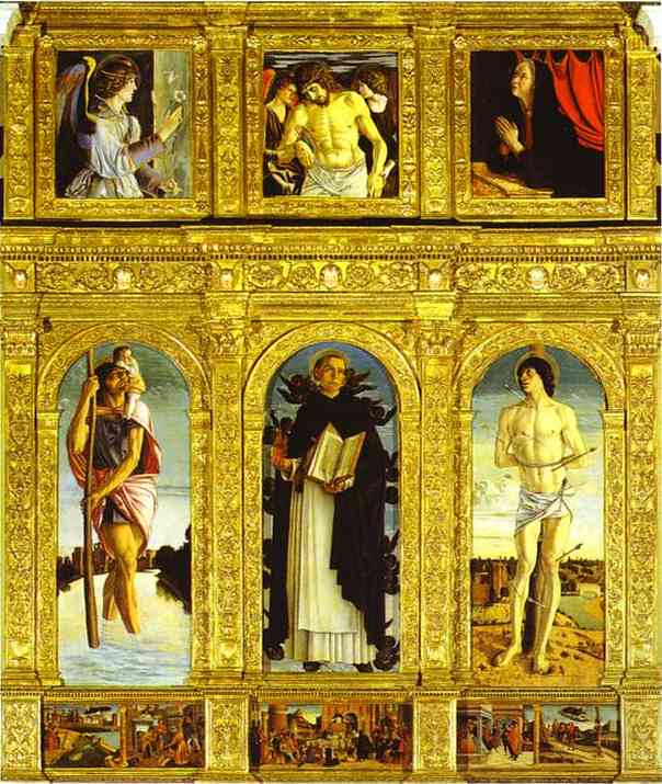 Wikioo.org - The Encyclopedia of Fine Arts - Painting, Artwork by Giovanni Bellini - St. Vincent Ferrar Polyptych, with St. Christopher, St. Vincent Ferrar, and St. Sebastian
