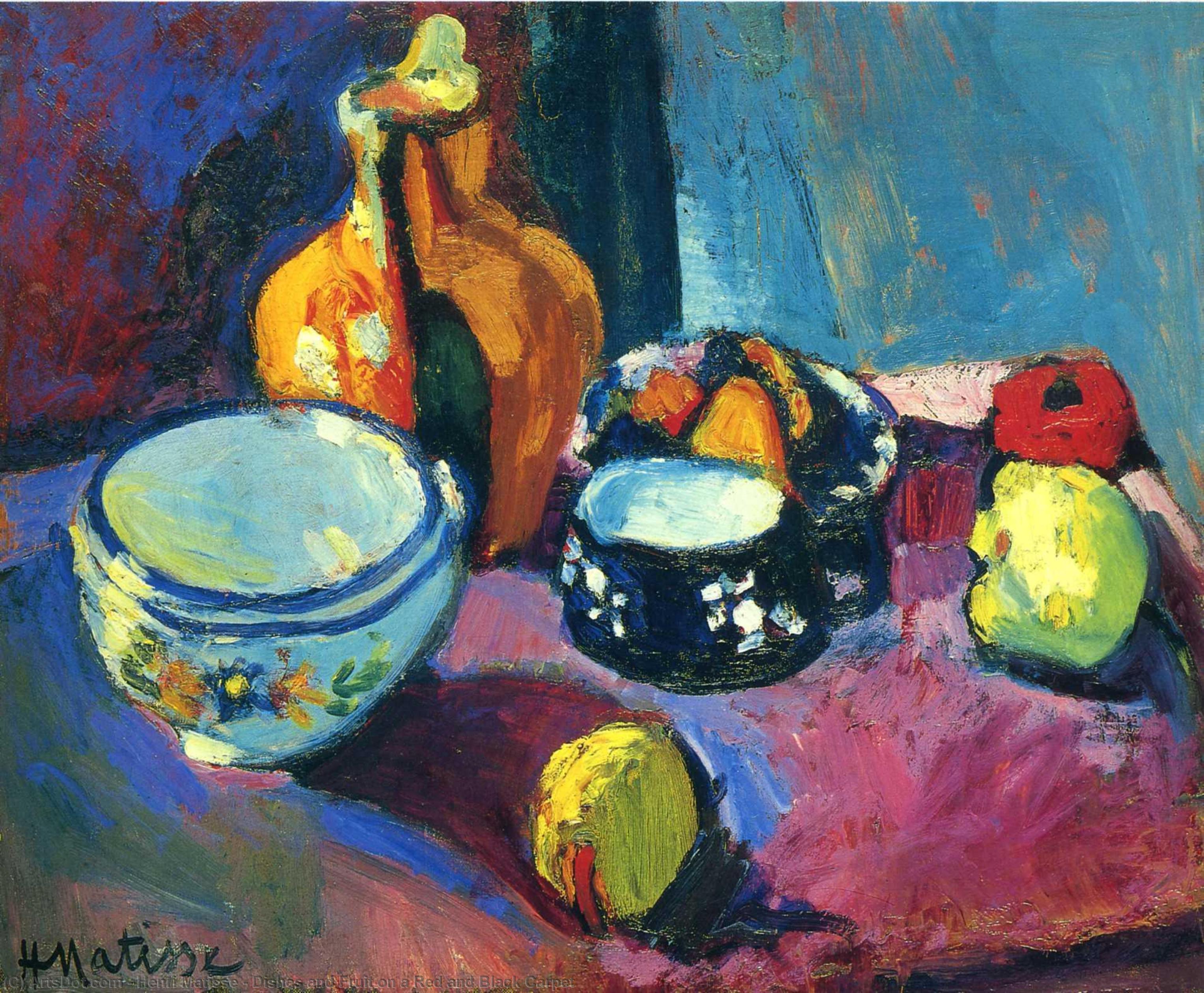 WikiOO.org - Güzel Sanatlar Ansiklopedisi - Resim, Resimler Henri Matisse - Dishes and Fruit on a Red and Black Carpet