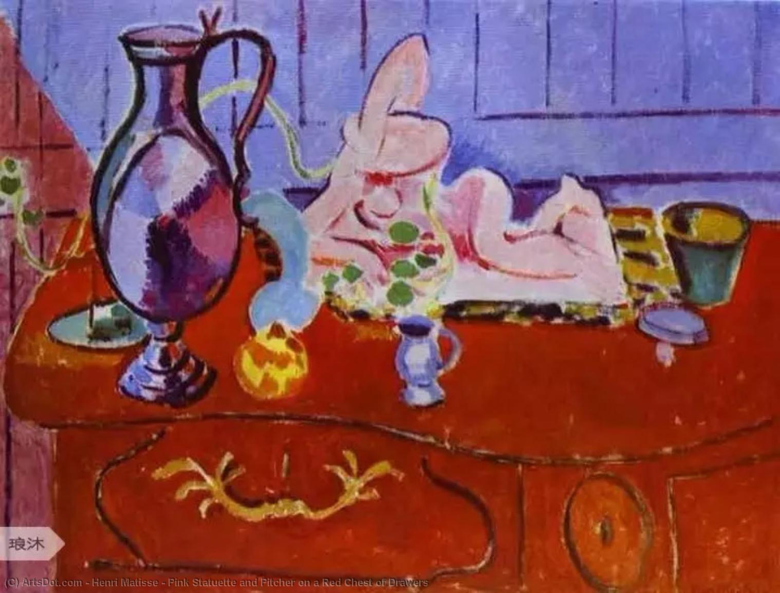 Wikoo.org - موسوعة الفنون الجميلة - اللوحة، العمل الفني Henri Matisse - Pink Statuette and Pitcher on a Red Chest of Drawers