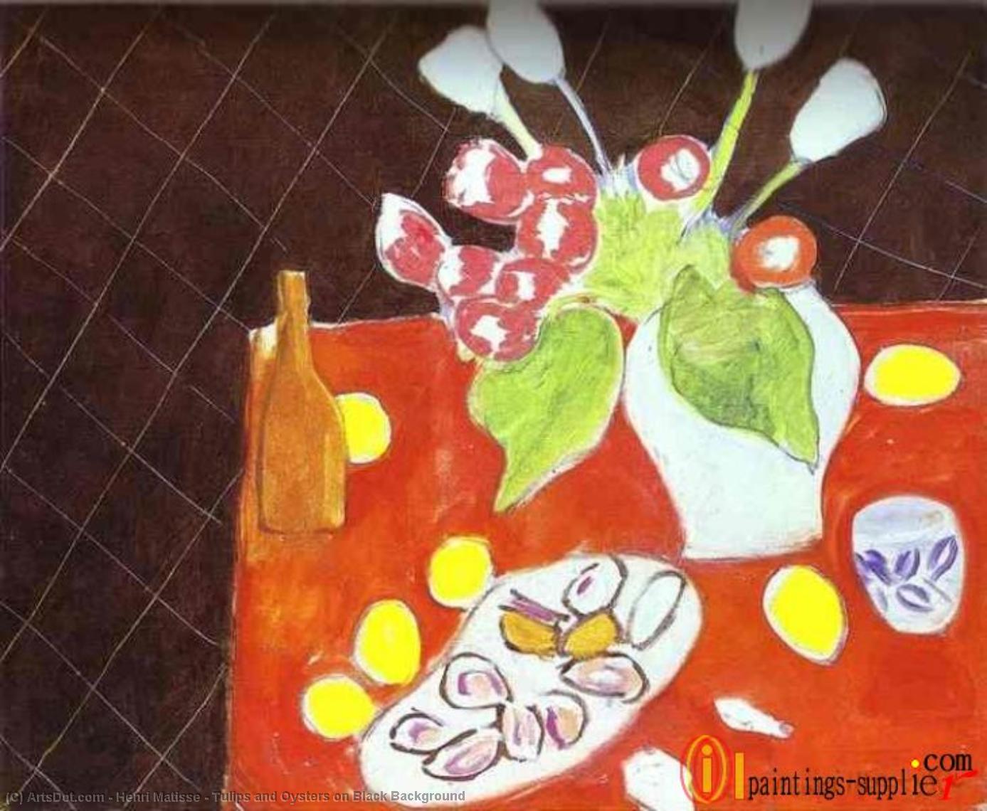 Wikoo.org - موسوعة الفنون الجميلة - اللوحة، العمل الفني Henri Matisse - Tulips and Oysters on Black Background