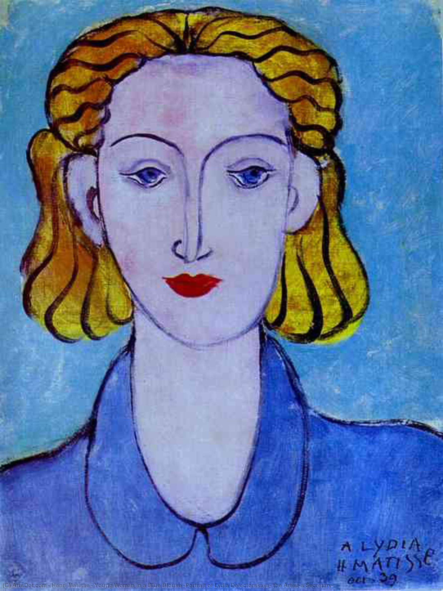 Wikoo.org - موسوعة الفنون الجميلة - اللوحة، العمل الفني Henri Matisse - Young Woman in a Blue Blouse (Portrait of Lydia Delectorskaya, the Artist's Secretary)