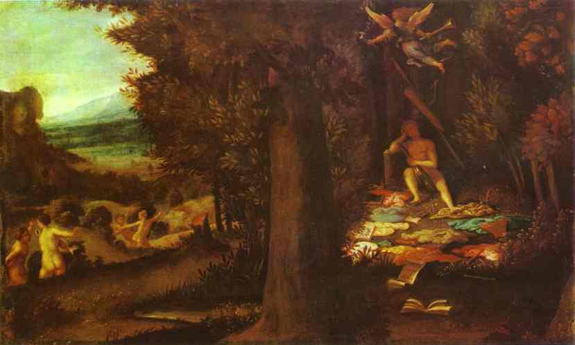 WikiOO.org – 美術百科全書 - 繪畫，作品 Lorenzo Lotto - 睡觉的阿波罗，缪斯和Fama