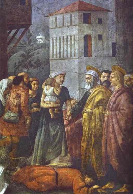 Wikioo.org – La Enciclopedia de las Bellas Artes - Pintura, Obras de arte de Masaccio (Ser Giovanni, Mone Cassai) - la distribución de los bienes de la comunidad y la muerte de ananías