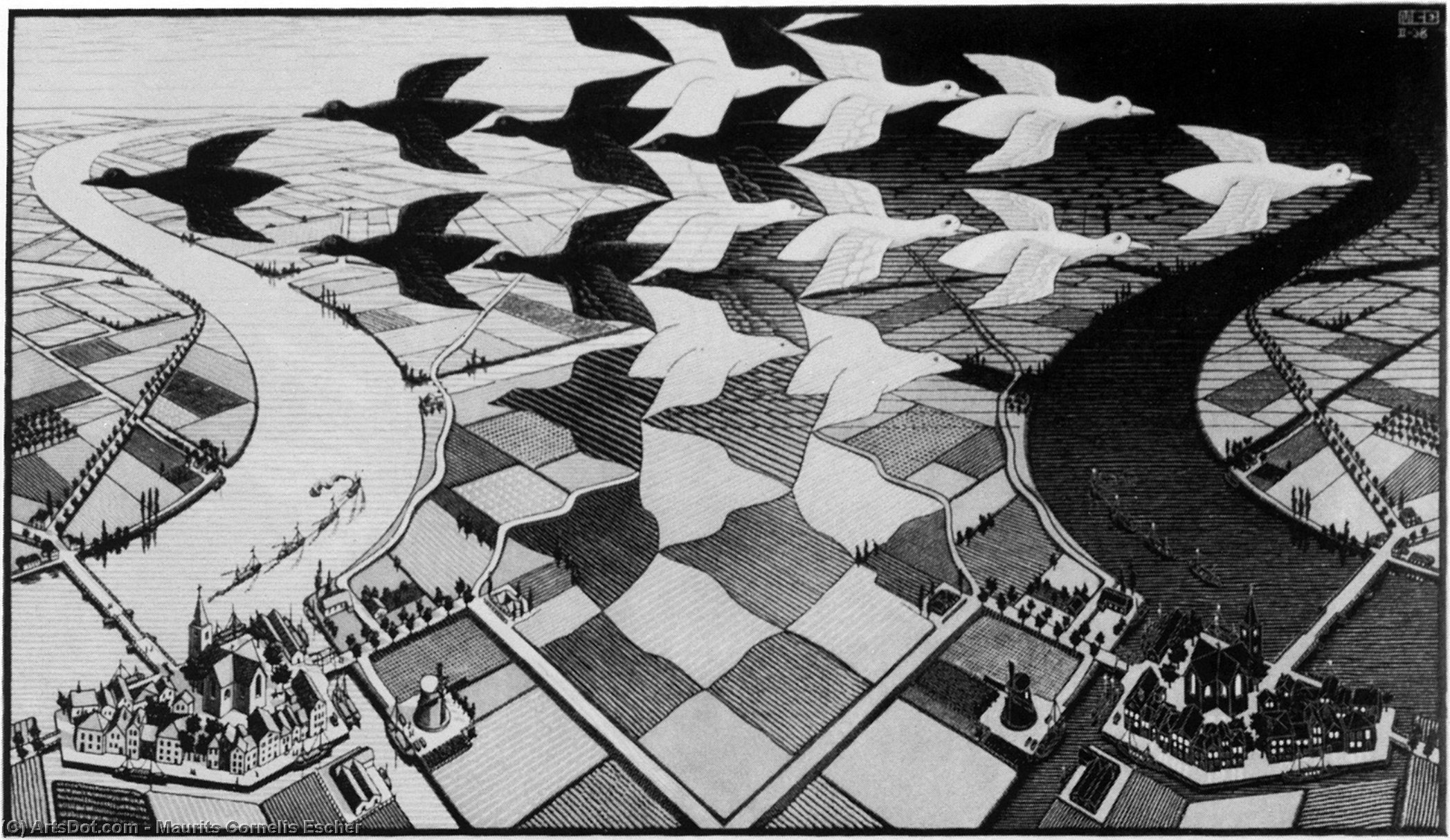 Wikioo.org - The Encyclopedia of Fine Arts - Painting, Artwork by Maurits Cornelis Escher - DAY AND NIGHT