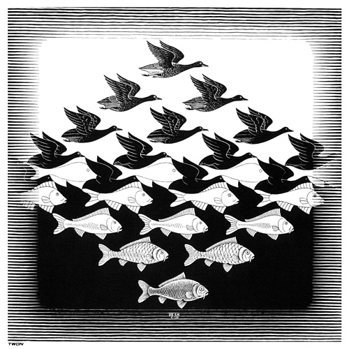 Wikoo.org - موسوعة الفنون الجميلة - اللوحة، العمل الفني Maurits Cornelis Escher - Sky And Water