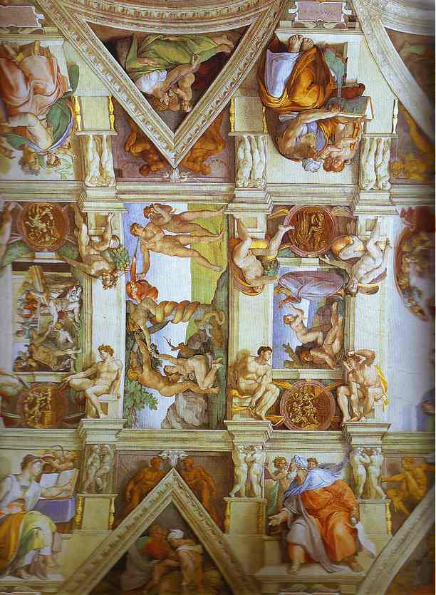 WikiOO.org - Enciclopedia of Fine Arts - Pictura, lucrări de artă Michelangelo Buonarroti - Partial view of the the frescoes in the Sisine Chapel