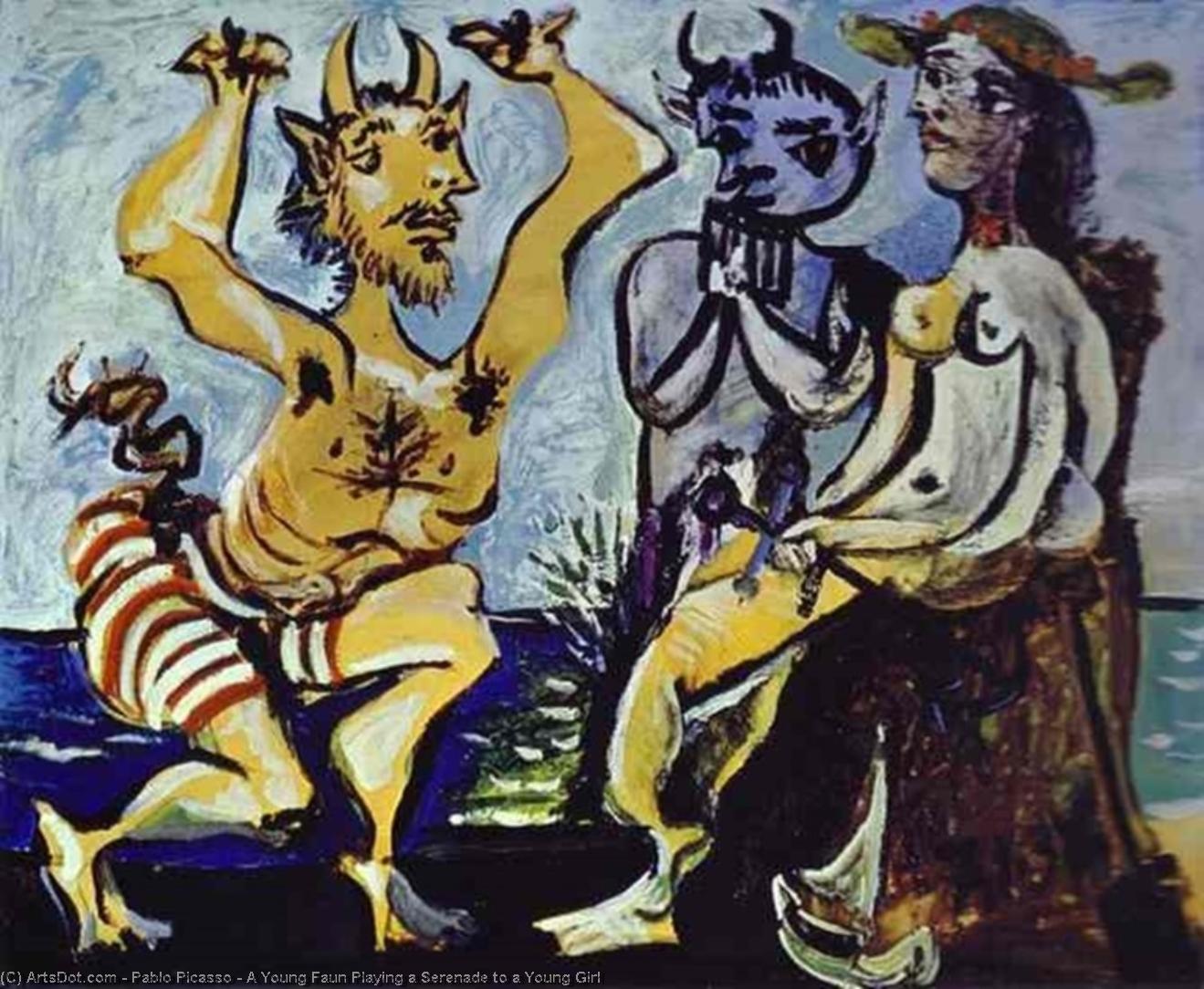 Wikioo.org - สารานุกรมวิจิตรศิลป์ - จิตรกรรม Pablo Picasso - A Young Faun Playing a Serenade to a Young Girl