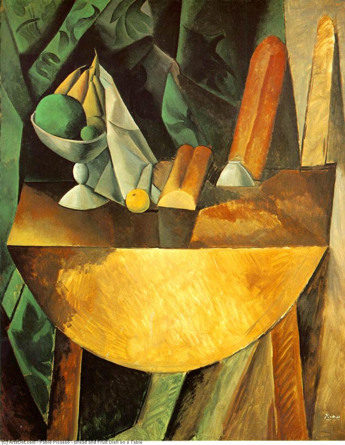 Wikioo.org - The Encyclopedia of Fine Arts - Painting, Artwork by Pablo Picasso - Bread and Fruit Dish on a Table