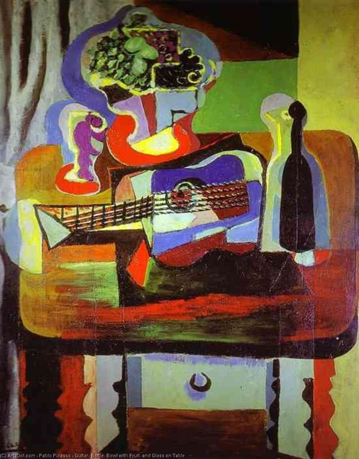 WikiOO.org - Encyclopedia of Fine Arts - Maľba, Artwork Pablo Picasso - Guitar, Bottle, Bowl with Fruit, and Glass on Table
