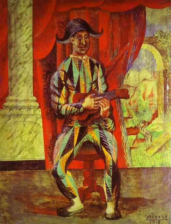 Wikioo.org - The Encyclopedia of Fine Arts - Painting, Artwork by Pablo Picasso - Harlequin with a Guitar