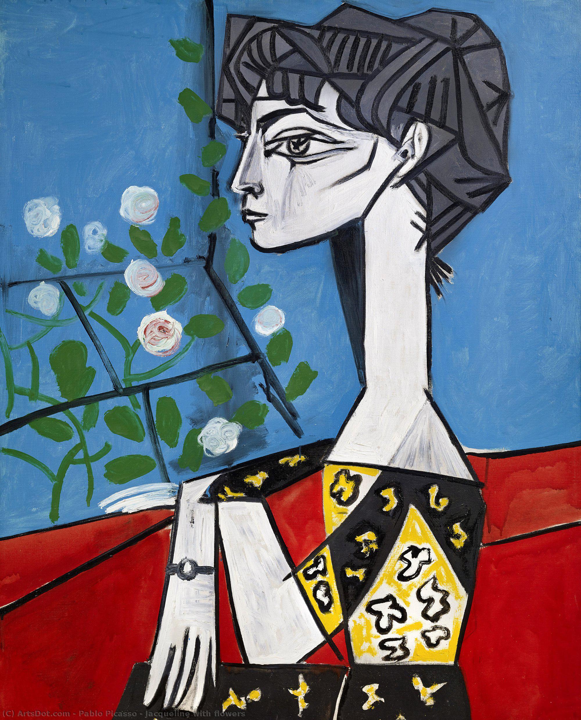 WikiOO.org – 美術百科全書 - 繪畫，作品 Pablo Picasso -  杰奎琳  用鲜花