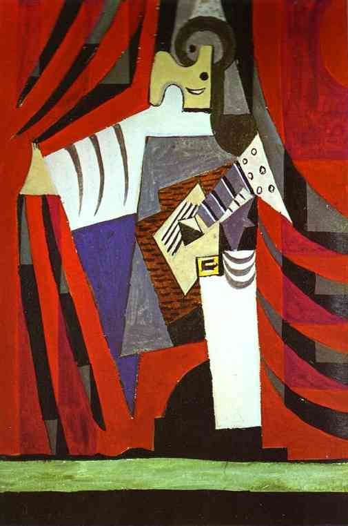 Wikioo.org - สารานุกรมวิจิตรศิลป์ - จิตรกรรม Pablo Picasso - Polichinelle with Guitar Before the Stage Curtain