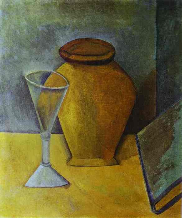 Wikioo.org - The Encyclopedia of Fine Arts - Painting, Artwork by Pablo Picasso - Pot, Wine-Glass and Book