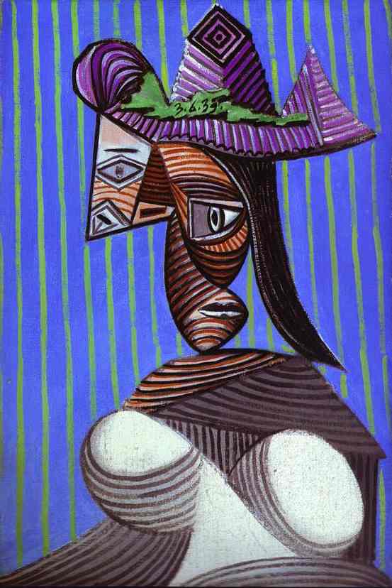 Wikioo.org - The Encyclopedia of Fine Arts - Painting, Artwork by Pablo Picasso - Woman in a Stripped Hat