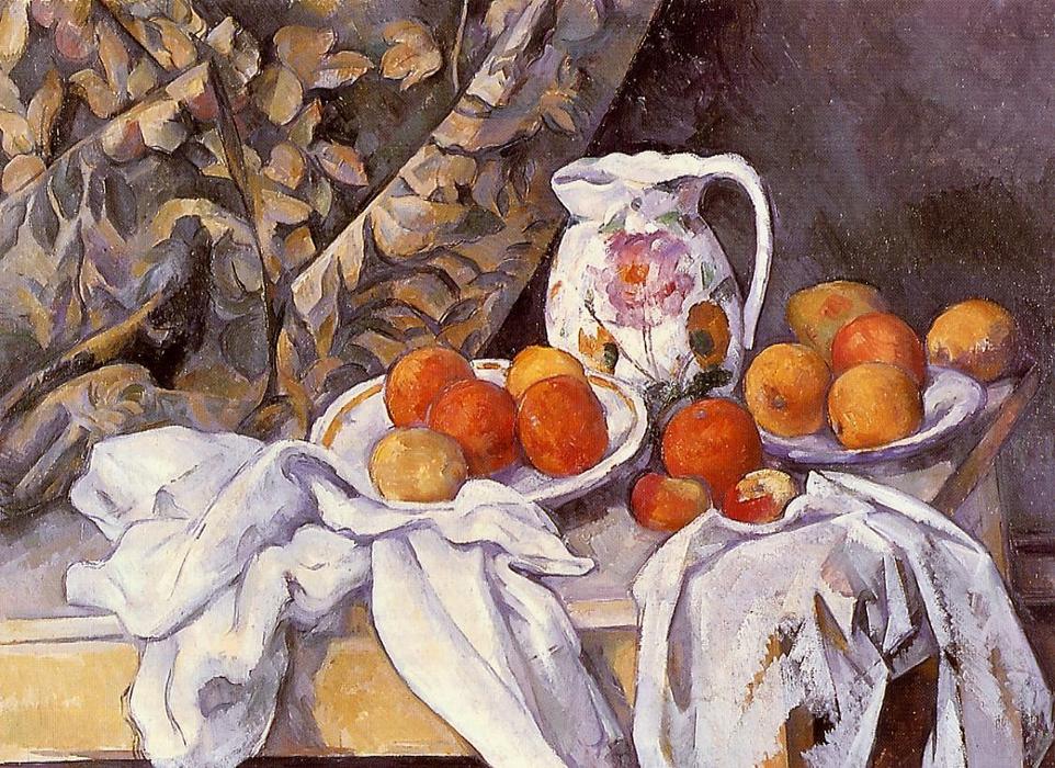 Wikioo.org - The Encyclopedia of Fine Arts - Painting, Artwork by Paul Cezanne - Still Life with Curtain and Flowered Pitcher