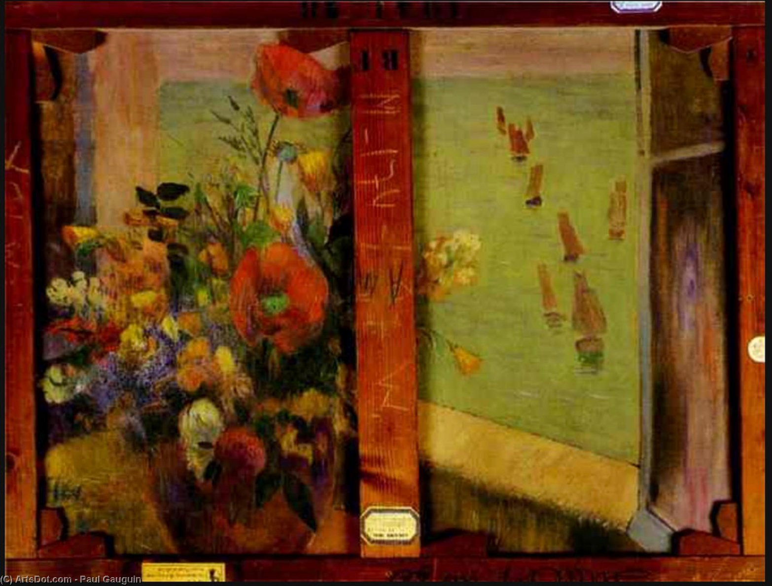 WikiOO.org - Encyclopedia of Fine Arts - Maleri, Artwork Paul Gauguin - Bouquet of Flowers with a Window Open to the Sea (Reverse of Hay-Making in Brittany)