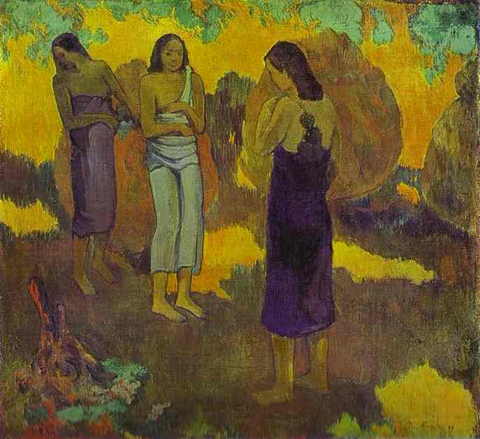 Wikioo.org - The Encyclopedia of Fine Arts - Painting, Artwork by Paul Gauguin - Three Tahitian Women against a Yellow Background