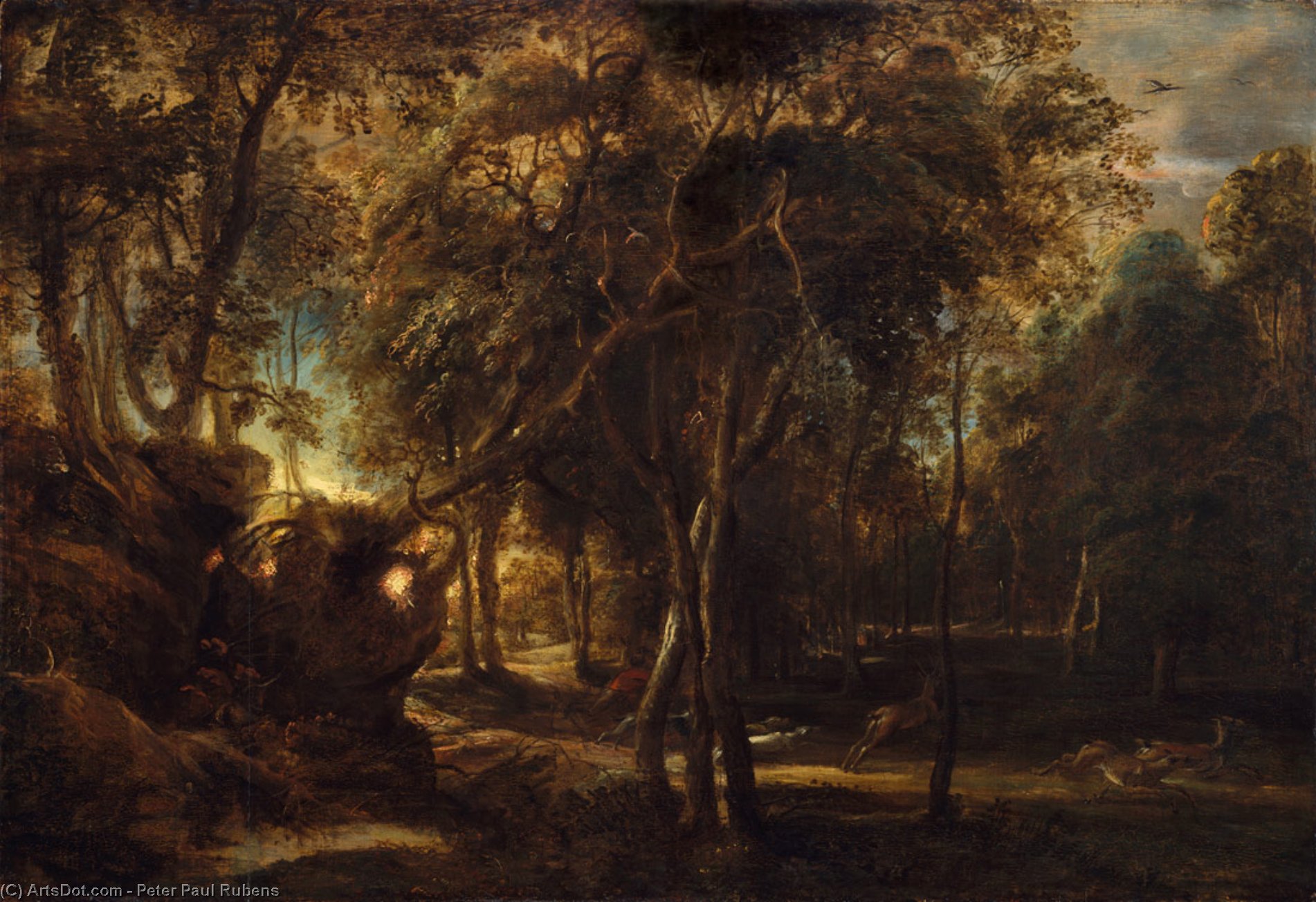 Wikioo.org - Bách khoa toàn thư về mỹ thuật - Vẽ tranh, Tác phẩm nghệ thuật Peter Paul Rubens - A Forest at Dawn with a Deer Hunt
