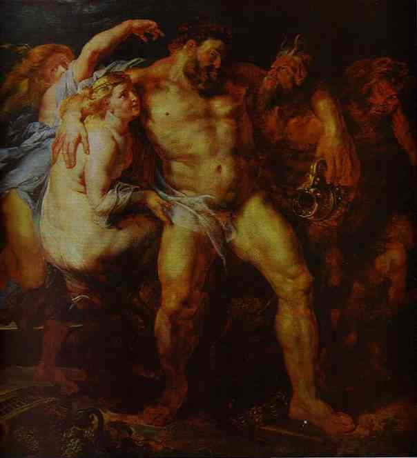 Wikioo.org - The Encyclopedia of Fine Arts - Painting, Artwork by Peter Paul Rubens - Hercules Drunk, Being Led Away By a Nymph and a Satyr