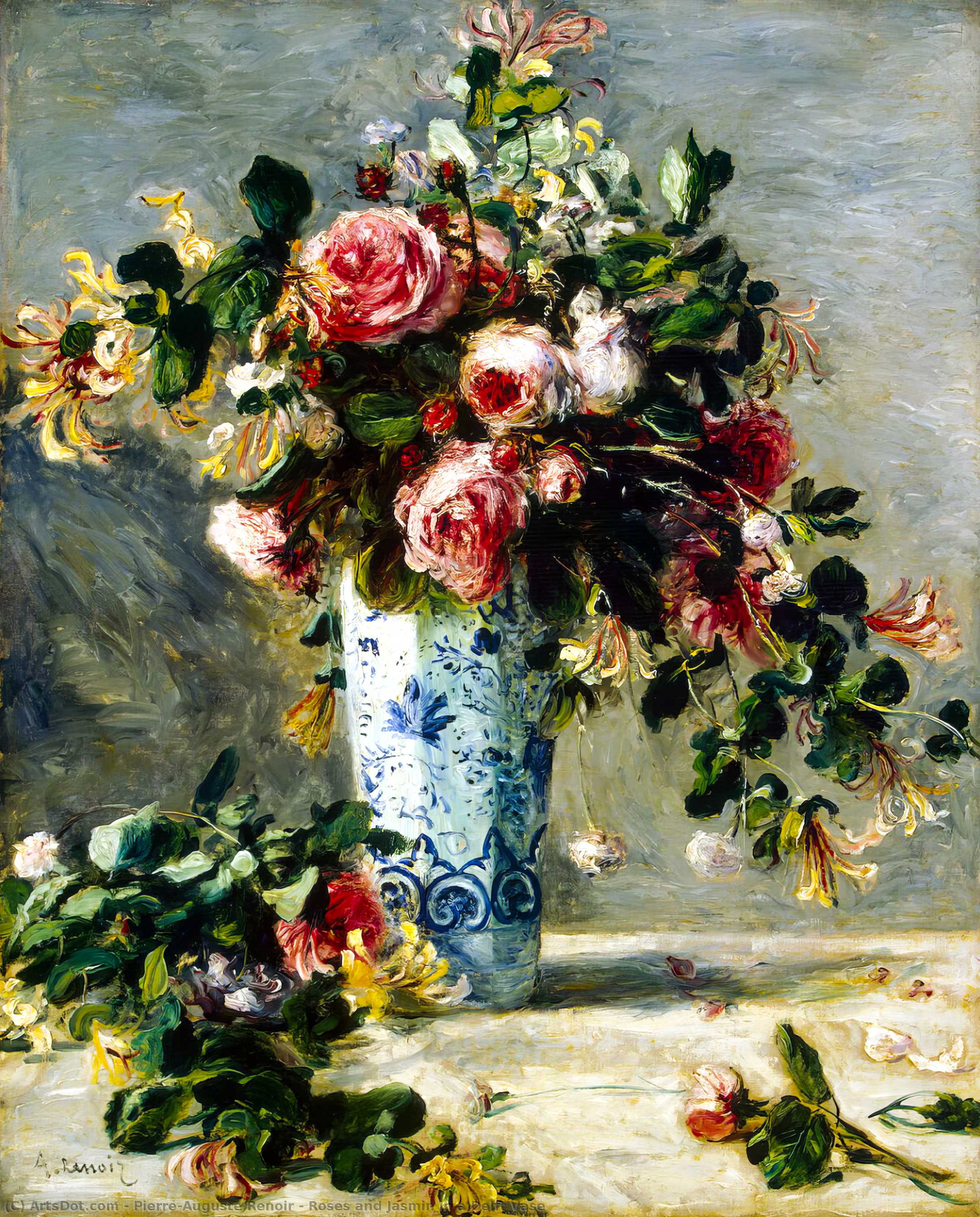 WikiOO.org - Enciclopedia of Fine Arts - Pictura, lucrări de artă Pierre-Auguste Renoir - Roses and Jasmin in a Delft Vase