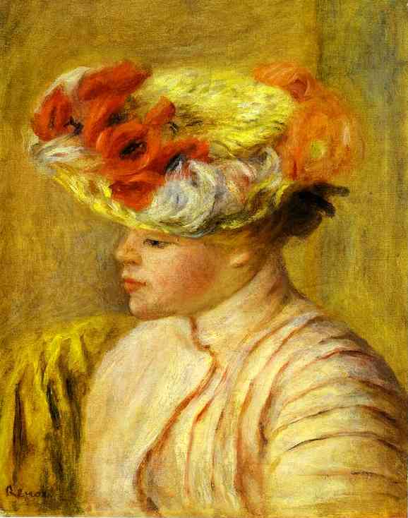 Wikioo.org - The Encyclopedia of Fine Arts - Painting, Artwork by Pierre-Auguste Renoir - Young Woman Wearing a Hat with Flowers. (Jeune femme au chapeau de fleurs)